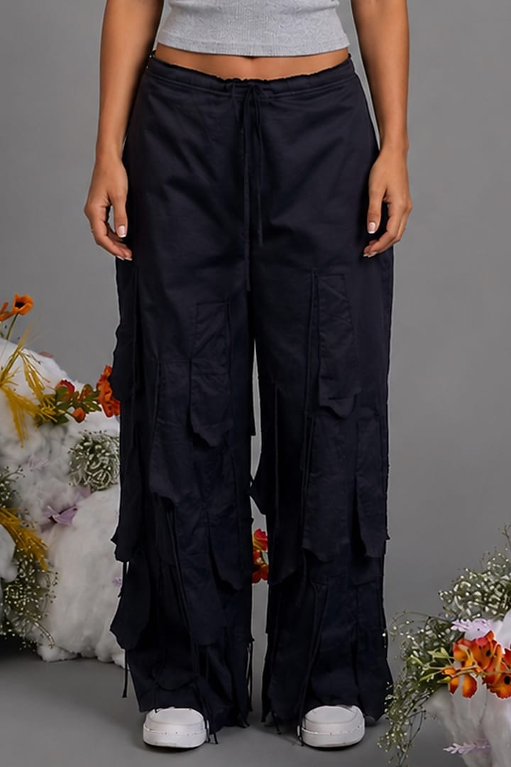 Black Giza Cotton Fringed Trouser by SAIM at Pernia's Pop Up Shop