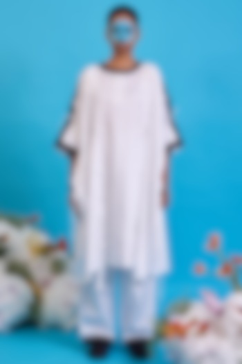White Giza Cotton Strip Detailed Kaftan Set by SAIM at Pernia's Pop Up Shop