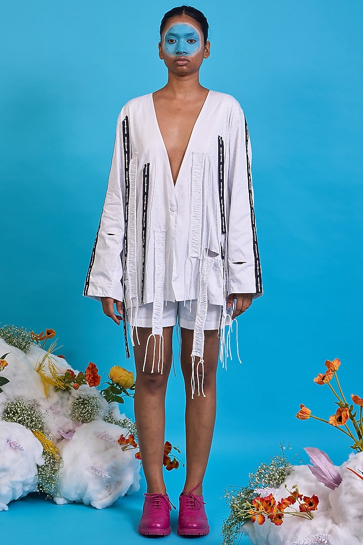 White Giza Cotton Digital Printed Jacket by SAIM at Pernia's Pop Up Shop
