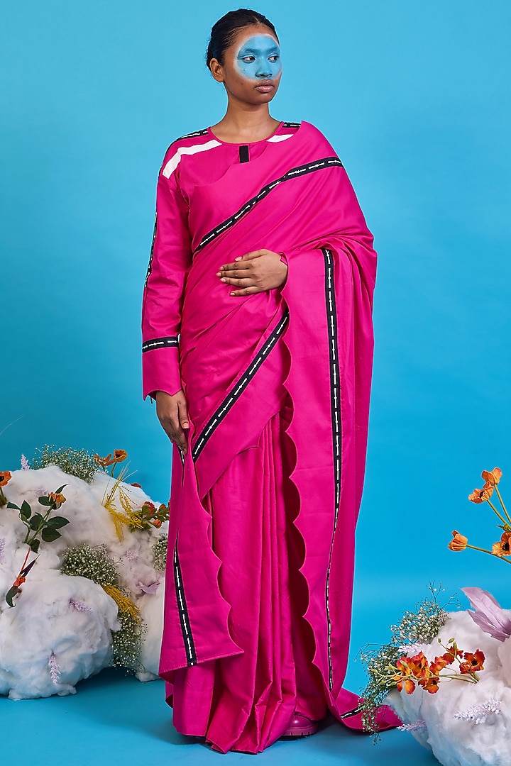 Fuchsia Pink Giza Cotton Digital Printed Party Wear Saree Set by SAIM at Pernia's Pop Up Shop