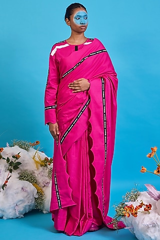 Fuchsia Pink Giza Cotton Digital Printed Saree Set by SAIM