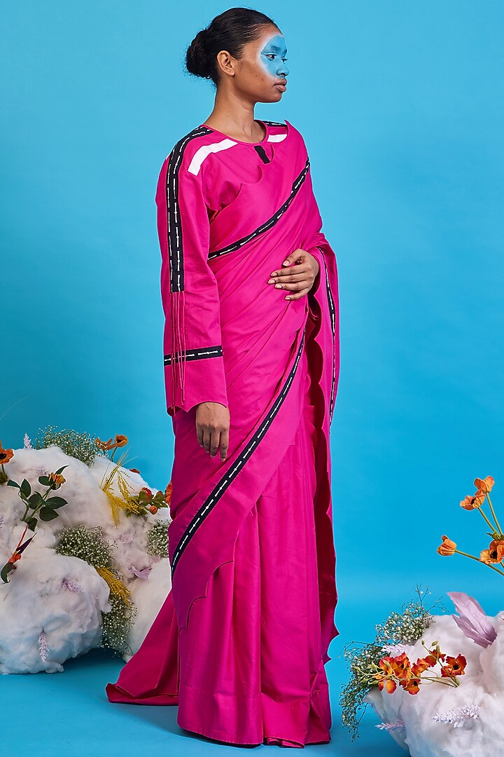 Fuchsia Pink Giza Cotton Digital Printed Party Wear Saree Set by SAIM at Pernia's Pop Up Shop
