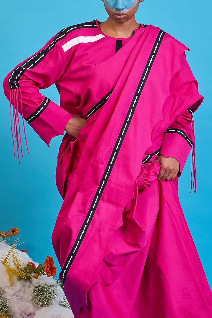 Fuchsia Pink Giza Cotton Digital Printed Party Wear Saree Set by SAIM at Pernia's Pop Up Shop