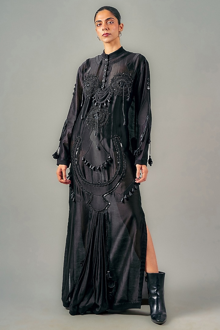 Black Chanderi Patchwork Drape Maxi Party Wear Dress by SAIM at Pernia's Pop Up Shop