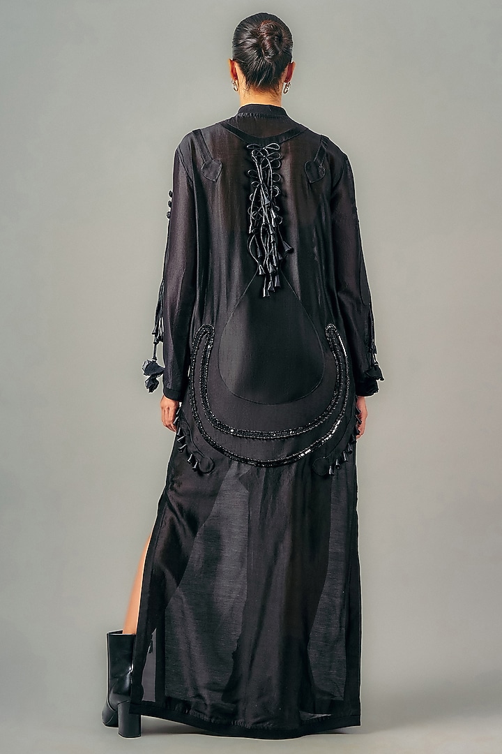 Black Chanderi Patchwork Drape Maxi Party Wear Dress by SAIM at Pernia's Pop Up Shop