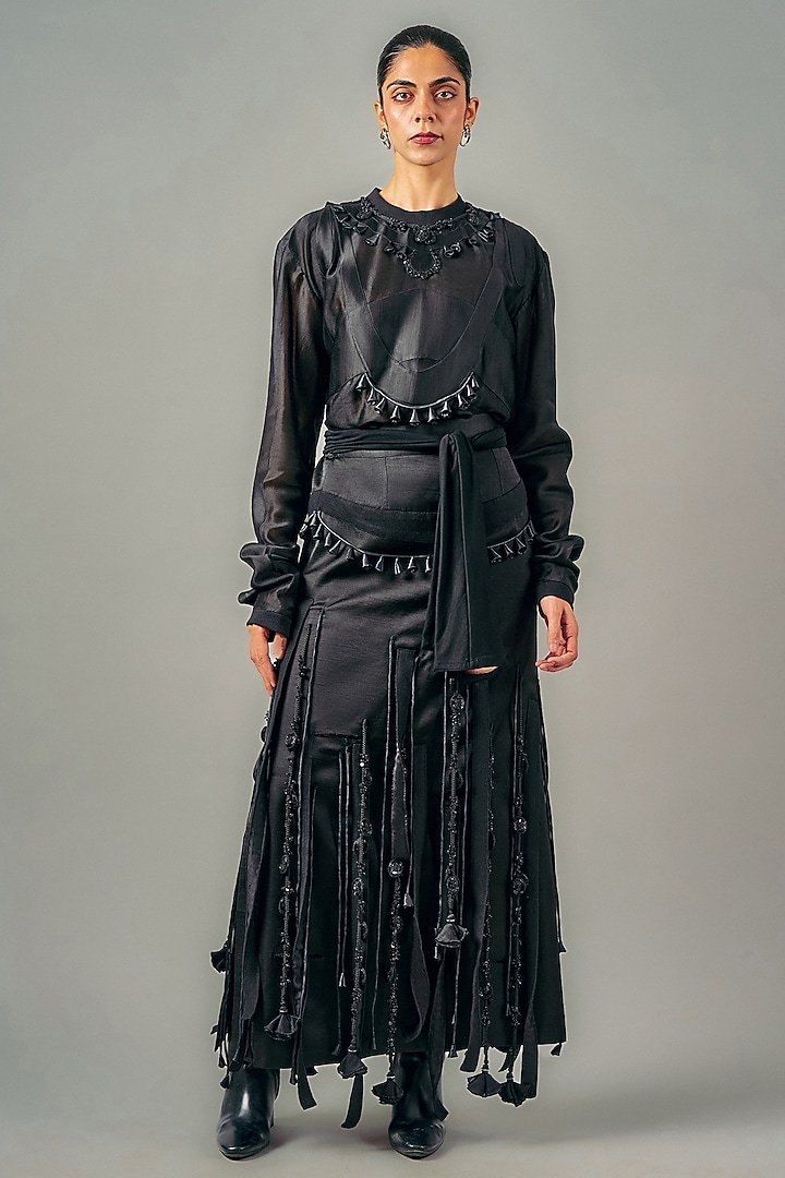 Black Chanderi Cut-Out Tassel Skirt Set by SAIM at Pernia's Pop Up Shop