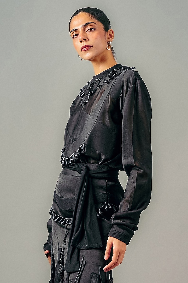 Black Chanderi Cut-Out Tassel Skirt Set by SAIM at Pernia's Pop Up Shop