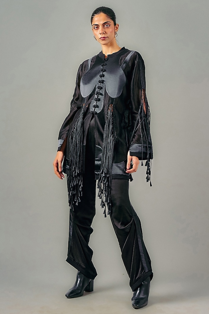 Black Chanderi Patchwork Tassel Jacket Set by SAIM at Pernia's Pop Up Shop