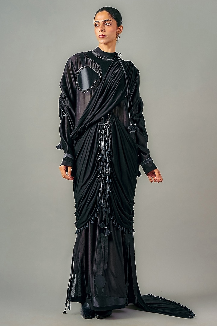 Black Chanderi Patchwork Drape Maxi Party Wear Dress by SAIM at Pernia's Pop Up Shop