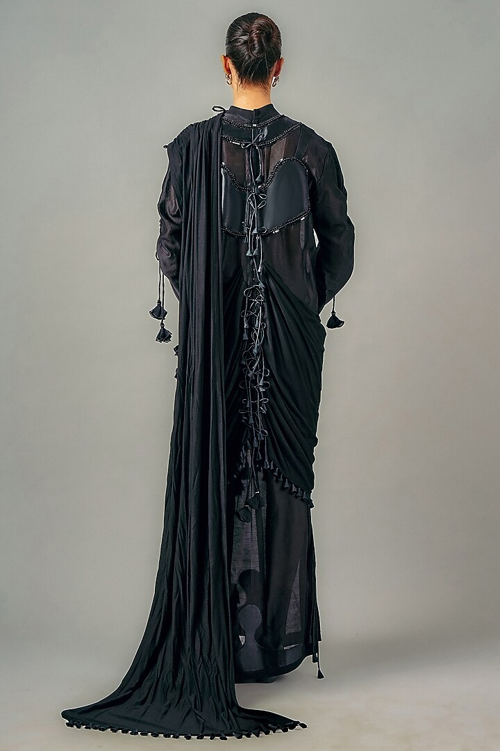 Black Chanderi Patchwork Drape Maxi Party Wear Dress by SAIM at Pernia's Pop Up Shop