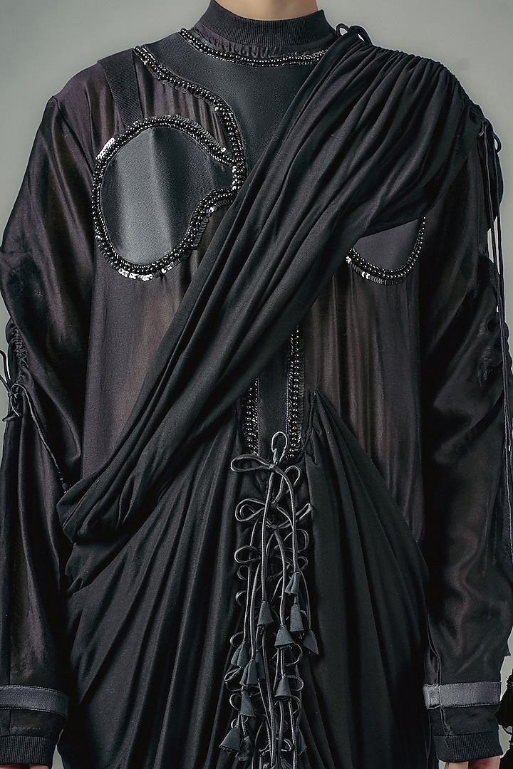 Black Chanderi Patchwork Drape Maxi Party Wear Dress by SAIM at Pernia's Pop Up Shop