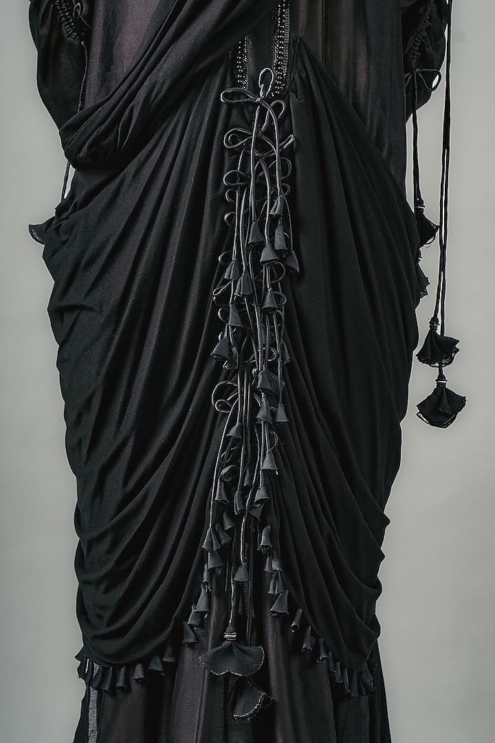 Black Chanderi Patchwork Drape Maxi Party Wear Dress by SAIM at Pernia's Pop Up Shop