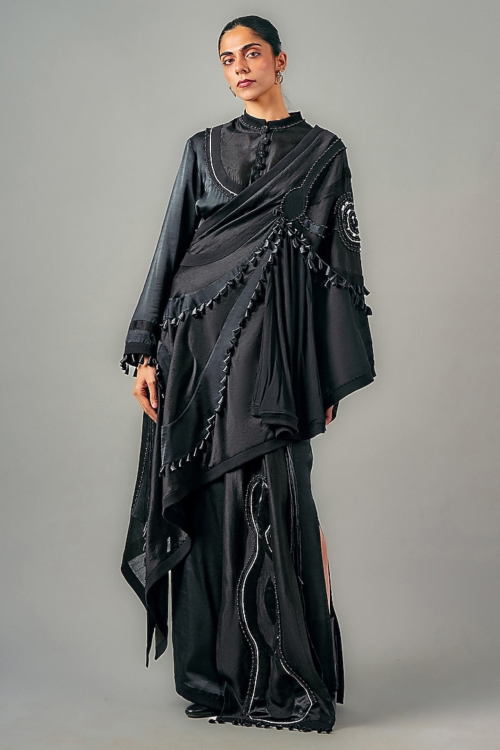 Black Silk & Chanderi Patchwork Drape Skirt Set by SAIM at Pernia's Pop Up Shop