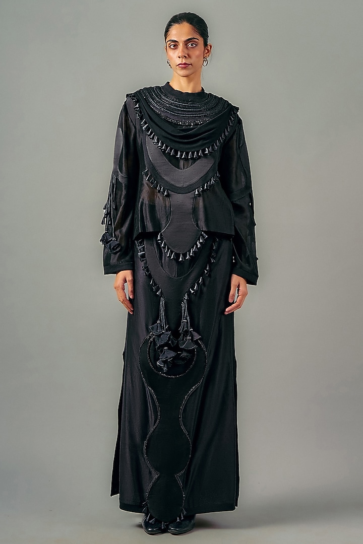 Black Chanderi Ornament Patchwork Skirt Set by SAIM at Pernia's Pop Up Shop
