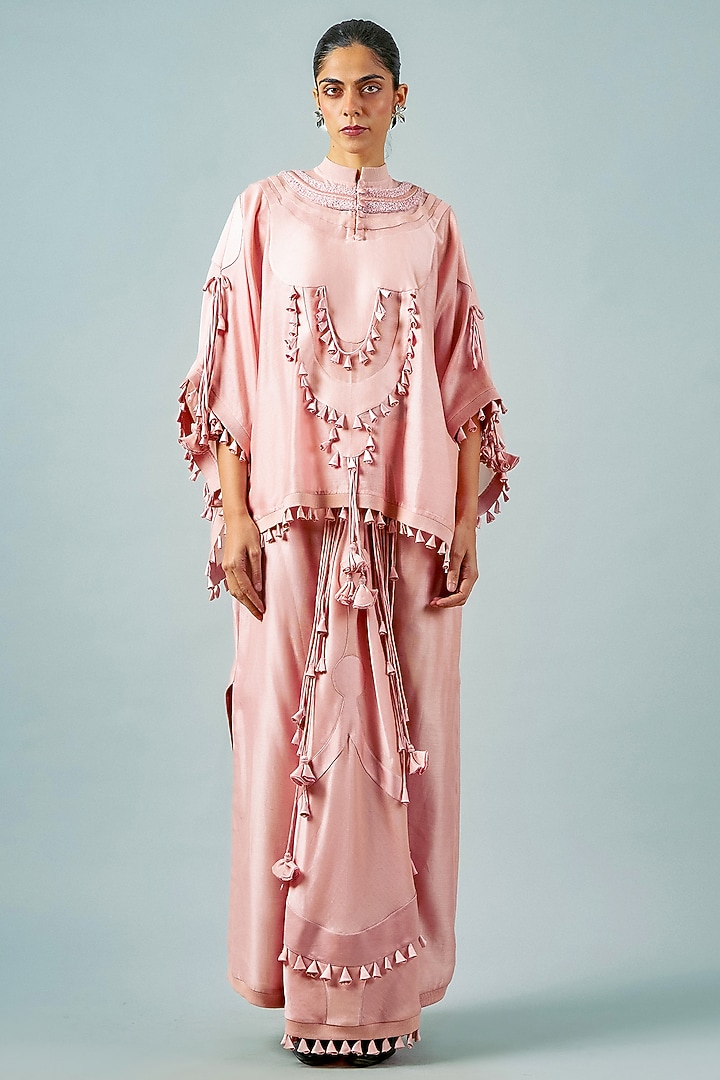 Dusty Pink Chanderi Patchwork Lungi-Style Skirt Set by SAIM at Pernia's Pop Up Shop