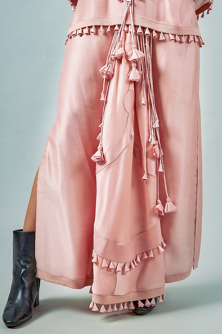 Dusty Pink Chanderi Patchwork Lungi-Style Skirt Set by SAIM at Pernia's Pop Up Shop