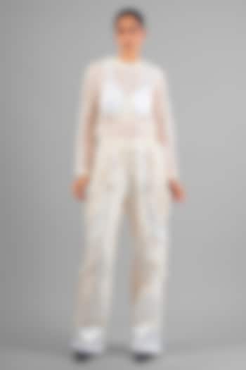 Ivory Sheer Chanderi Patchwork Co-Ord Set by SAIM at Pernia's Pop Up Shop