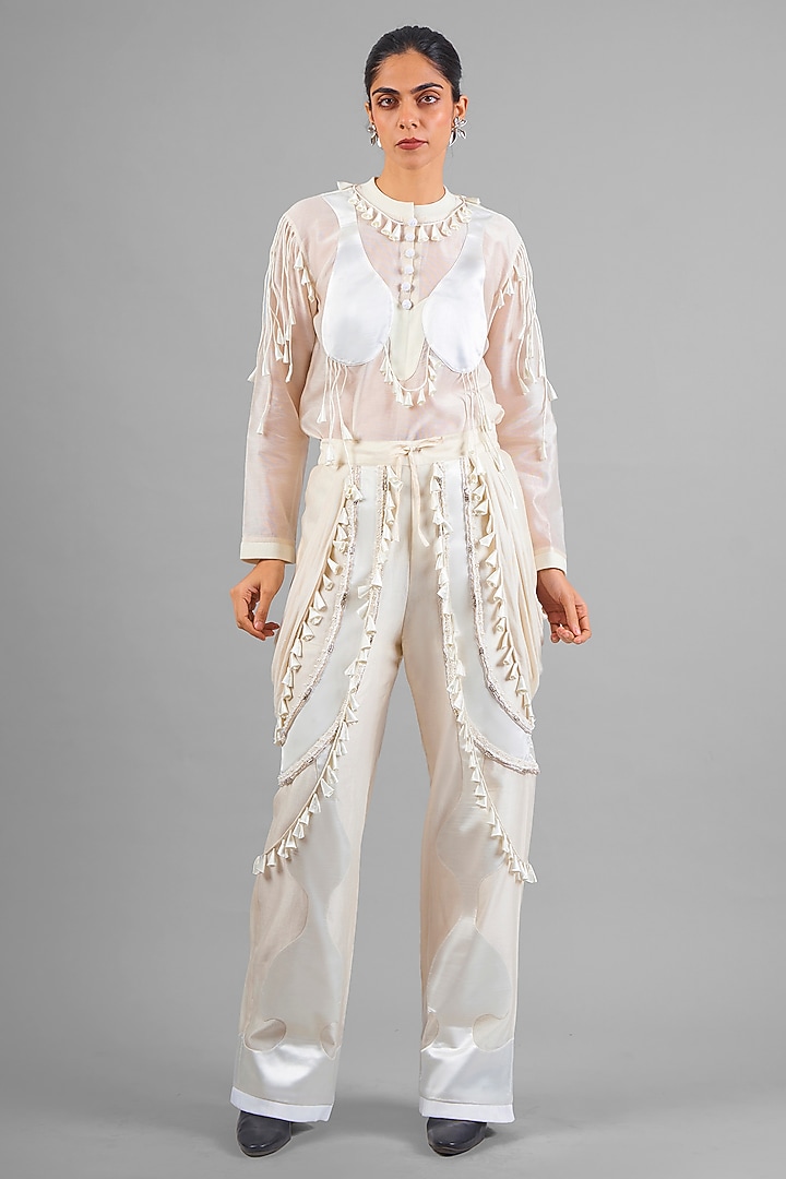 Ivory Sheer Chanderi Patchwork Co-Ord Set by SAIM at Pernia's Pop Up Shop