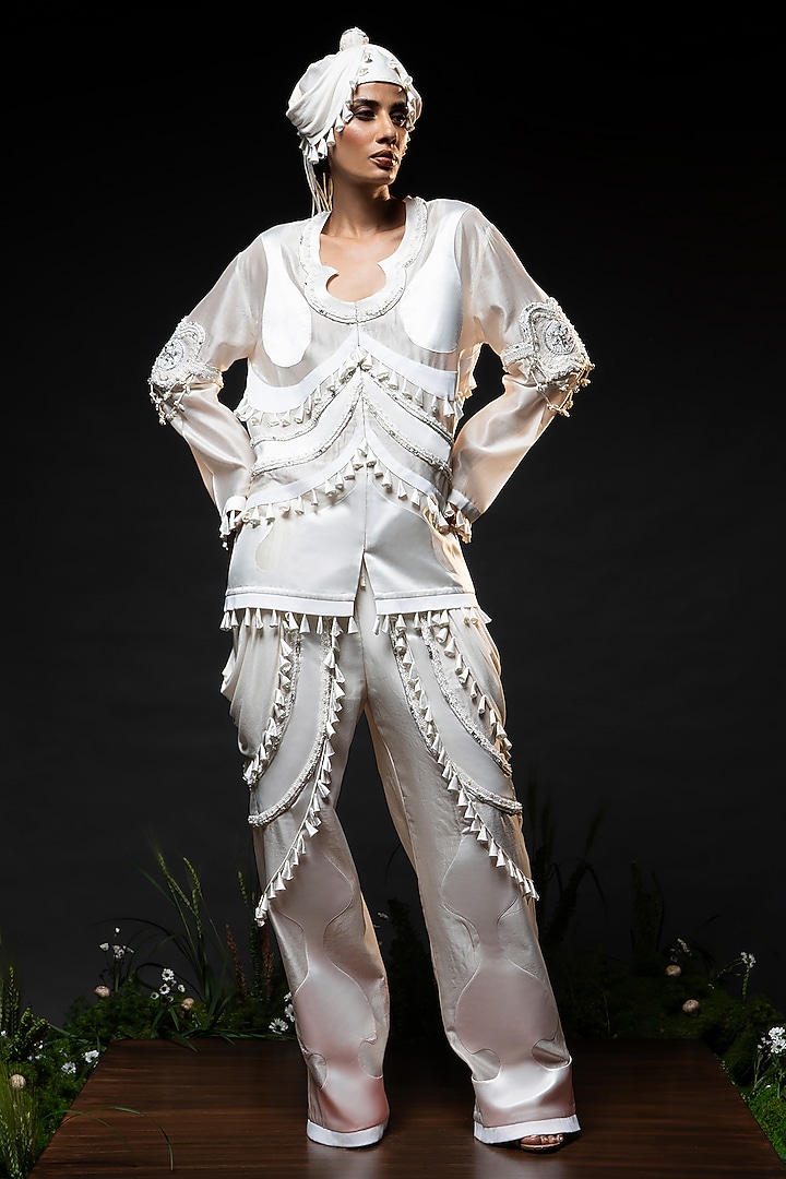 Ivory Chanderi Pearl Embroidered Oversized Jacket Set by SAIM at Pernia's Pop Up Shop