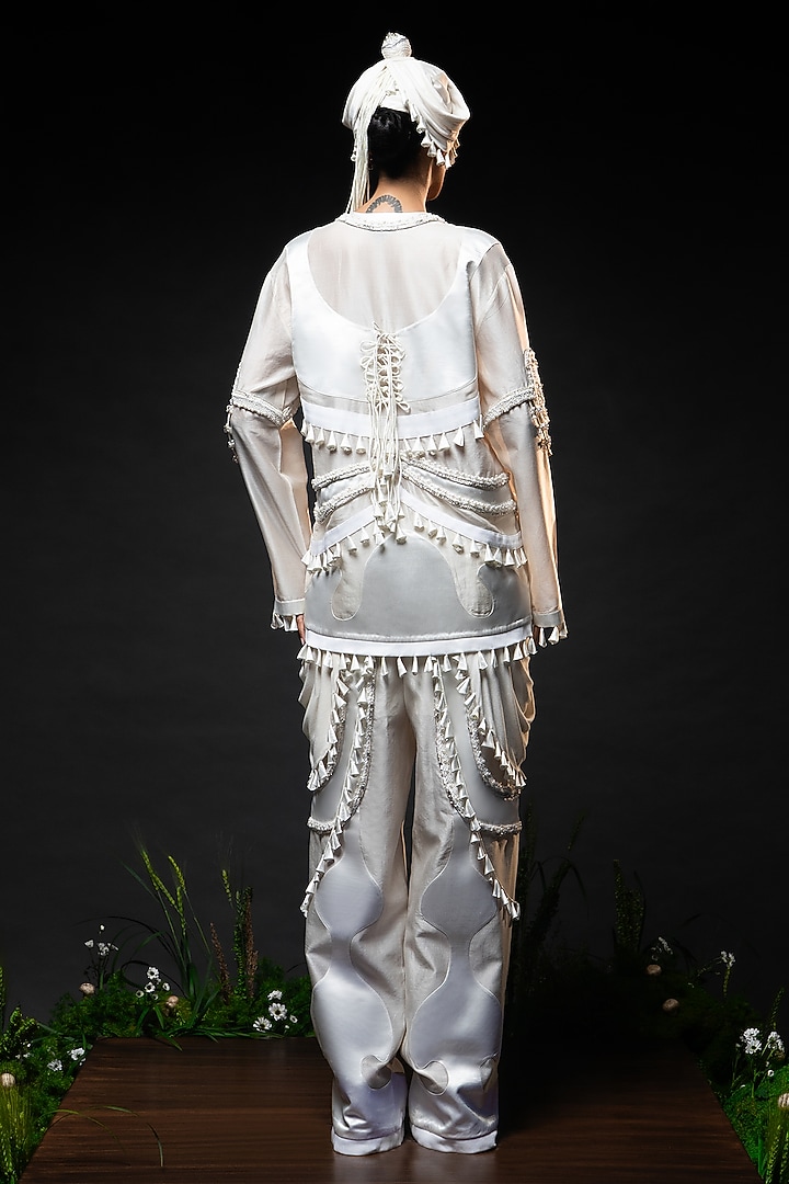 Ivory Chanderi Pearl Embroidered Oversized Jacket Set by SAIM at Pernia's Pop Up Shop