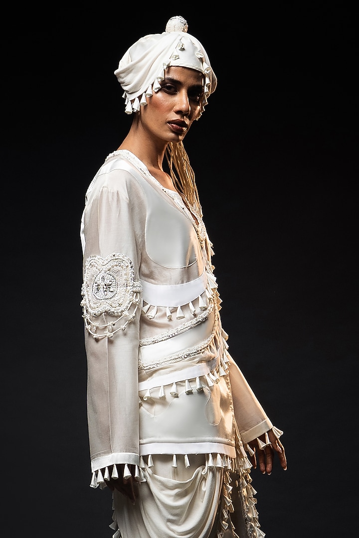 Ivory Chanderi Pearl Embroidered Oversized Jacket Set by SAIM at Pernia's Pop Up Shop