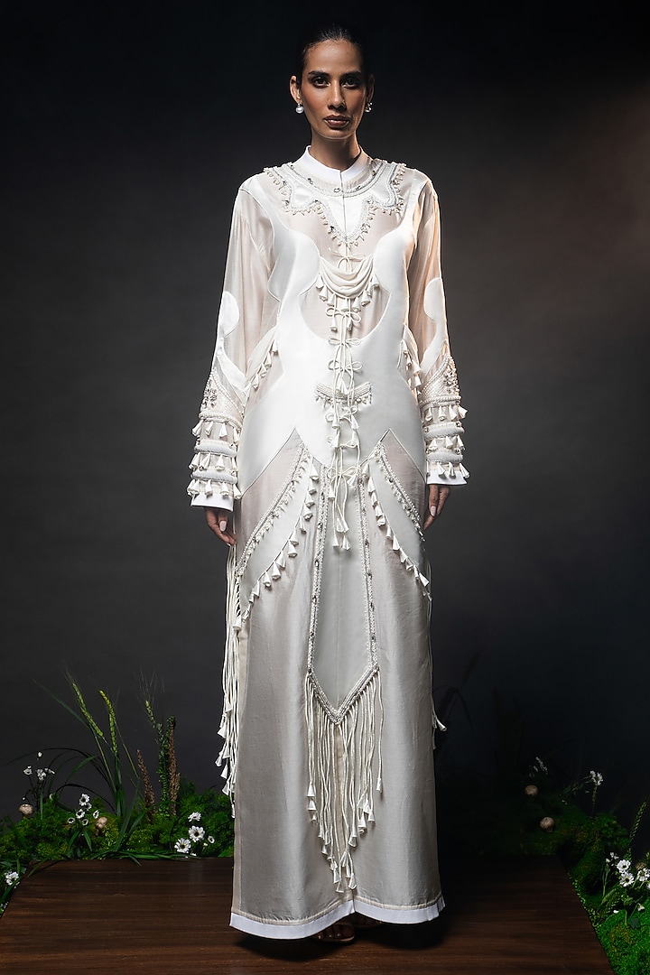 Ivory Chanderi Patchwork Maxi Party Wear Dress by SAIM at Pernia's Pop Up Shop