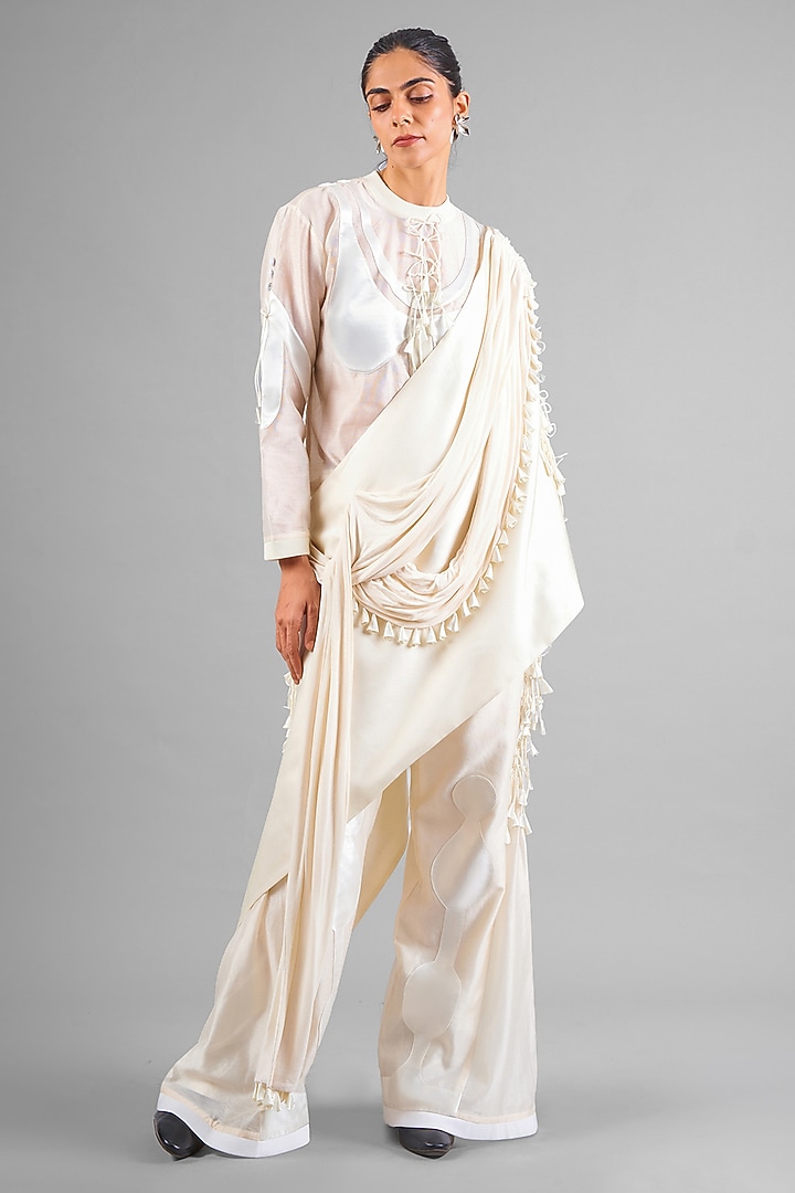 Ivory Chanderi Patchwork Godet Pant Set by SAIM at Pernia's Pop Up Shop