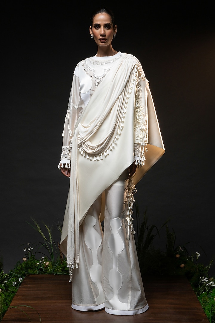 Ivory Chanderi Patchwork Sculptural Godet Pant Set by SAIM at Pernia's Pop Up Shop