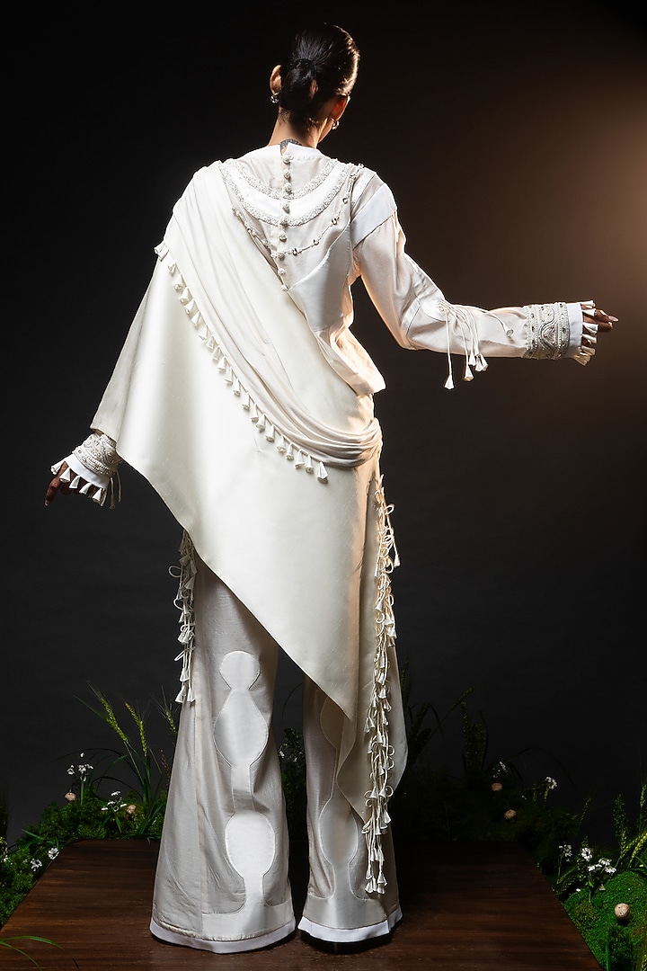 Ivory Chanderi Patchwork Sculptural Godet Pant Set by SAIM at Pernia's Pop Up Shop