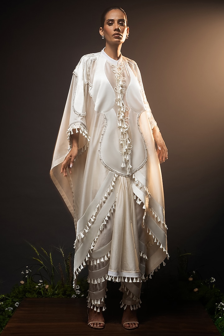 Ivory Chanderi Patchwork Kaftan Set by SAIM at Pernia's Pop Up Shop