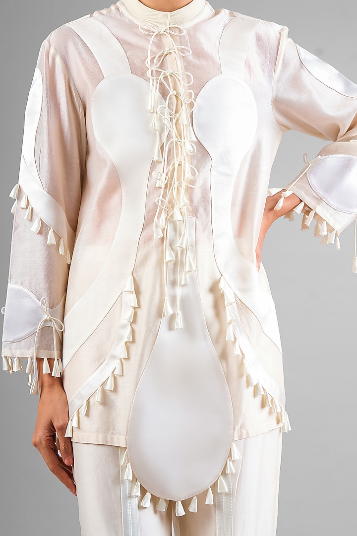 Ivory Chanderi Patchwork Kurta Set by SAIM at Pernia's Pop Up Shop