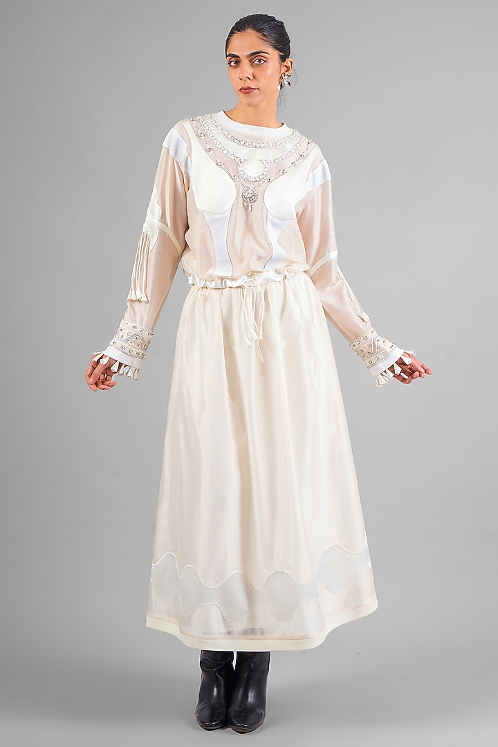 Ivory Chanderi Patchwork Flared Skirt Set by SAIM at Pernia's Pop Up Shop