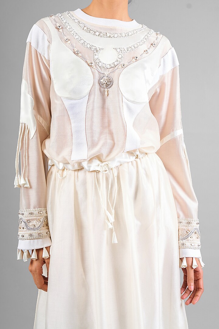 Ivory Chanderi Patchwork Flared Skirt Set by SAIM at Pernia's Pop Up Shop