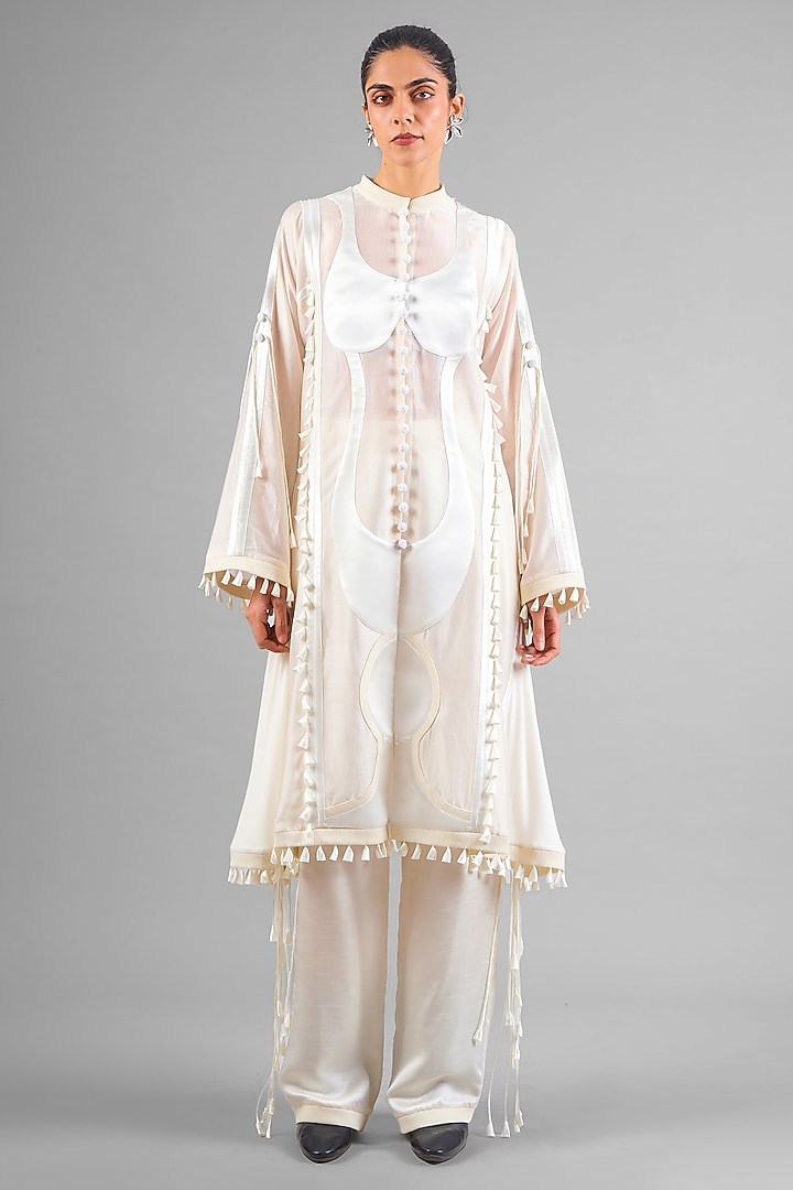 Ivory Chanderi Patchwork Jacket Set by SAIM at Pernia's Pop Up Shop