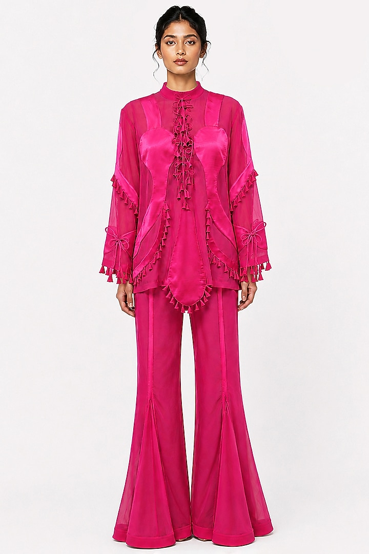 Fuchsia Pink Chanderi & Satin Co-Ord Set by SAIM at Pernia's Pop Up Shop