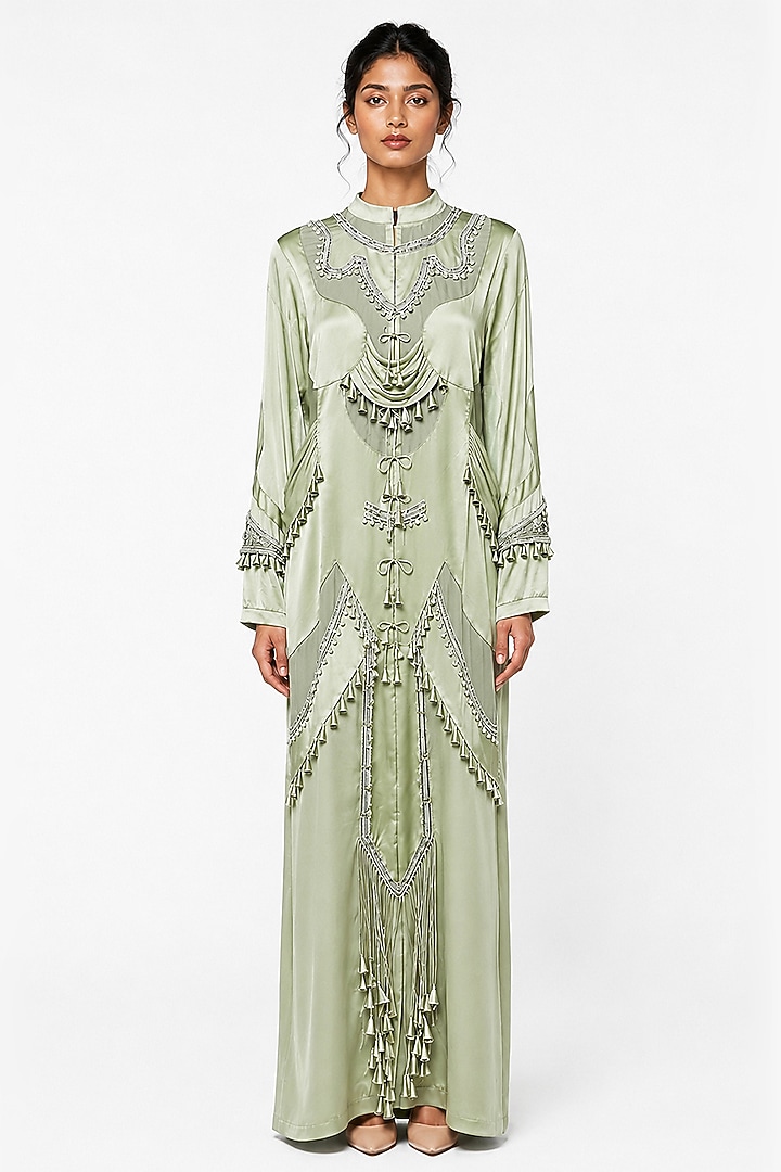 Jade Green Chanderi & Jersey Patchwork Party Wear Dress by SAIM at Pernia's Pop Up Shop