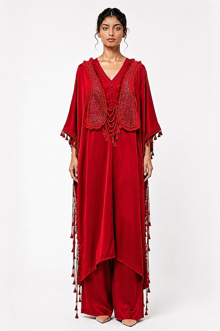 Red Silk Patchwork Cape Set by SAIM at Pernia's Pop Up Shop