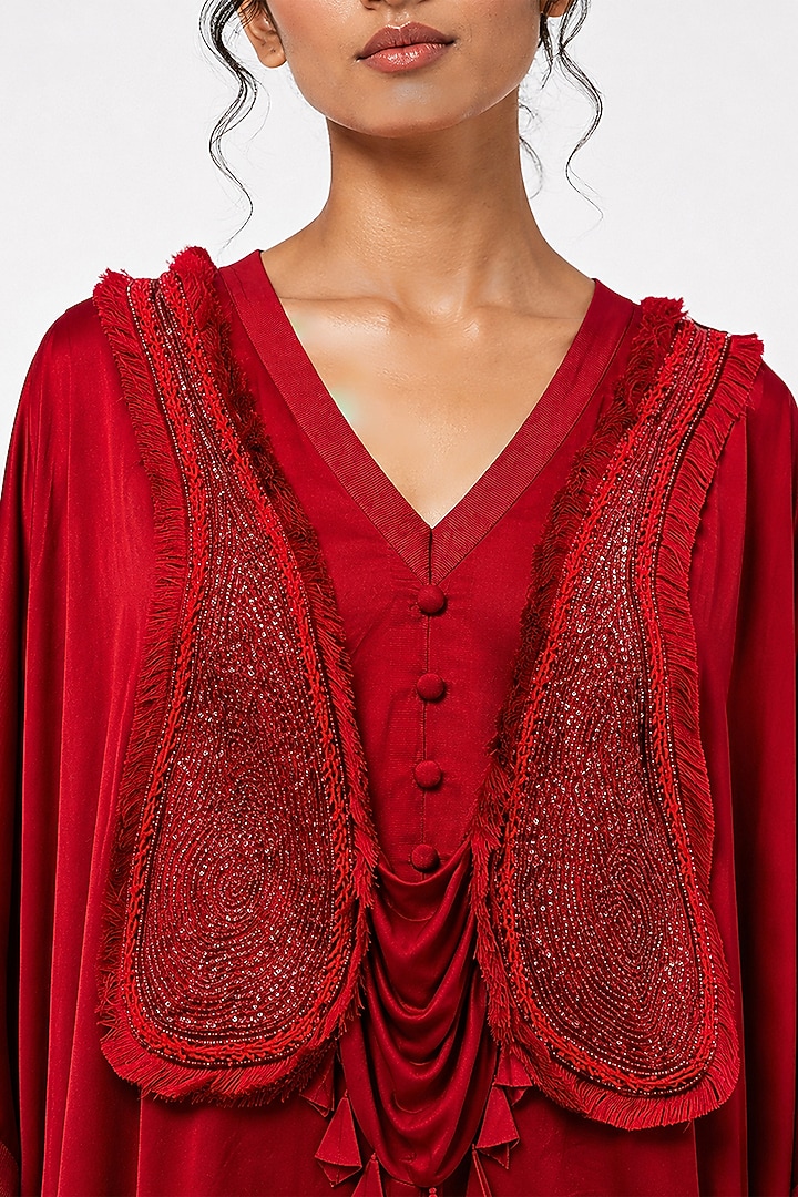 Red Silk Patchwork Cape Set by SAIM at Pernia's Pop Up Shop