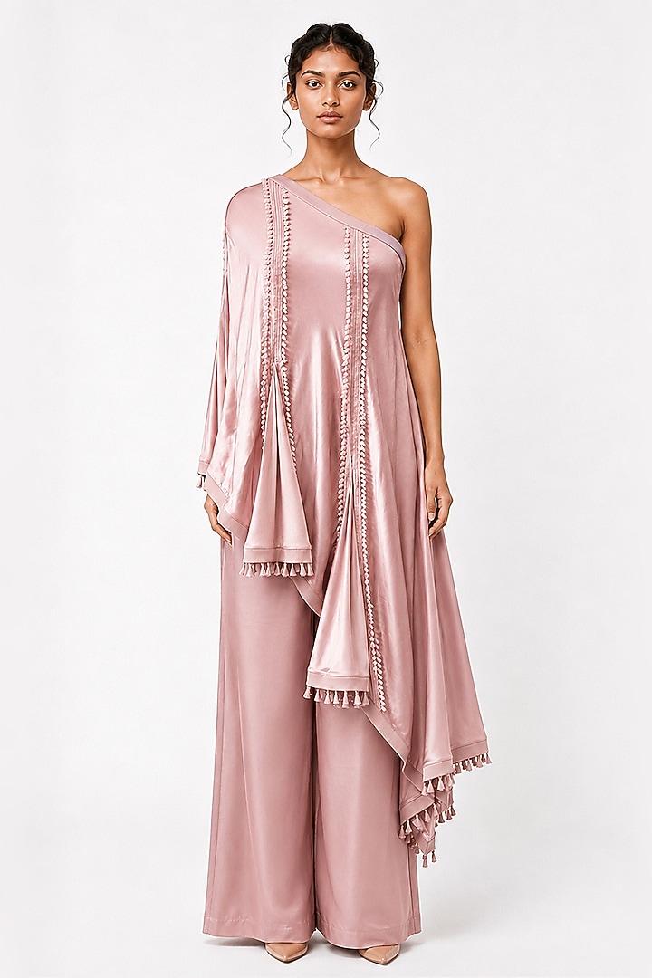 Dusty Pink Silk Textured Pant Set by SAIM at Pernia's Pop Up Shop