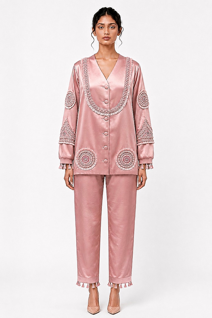 Dusty Pink Satin Pant Set by SAIM at Pernia's Pop Up Shop
