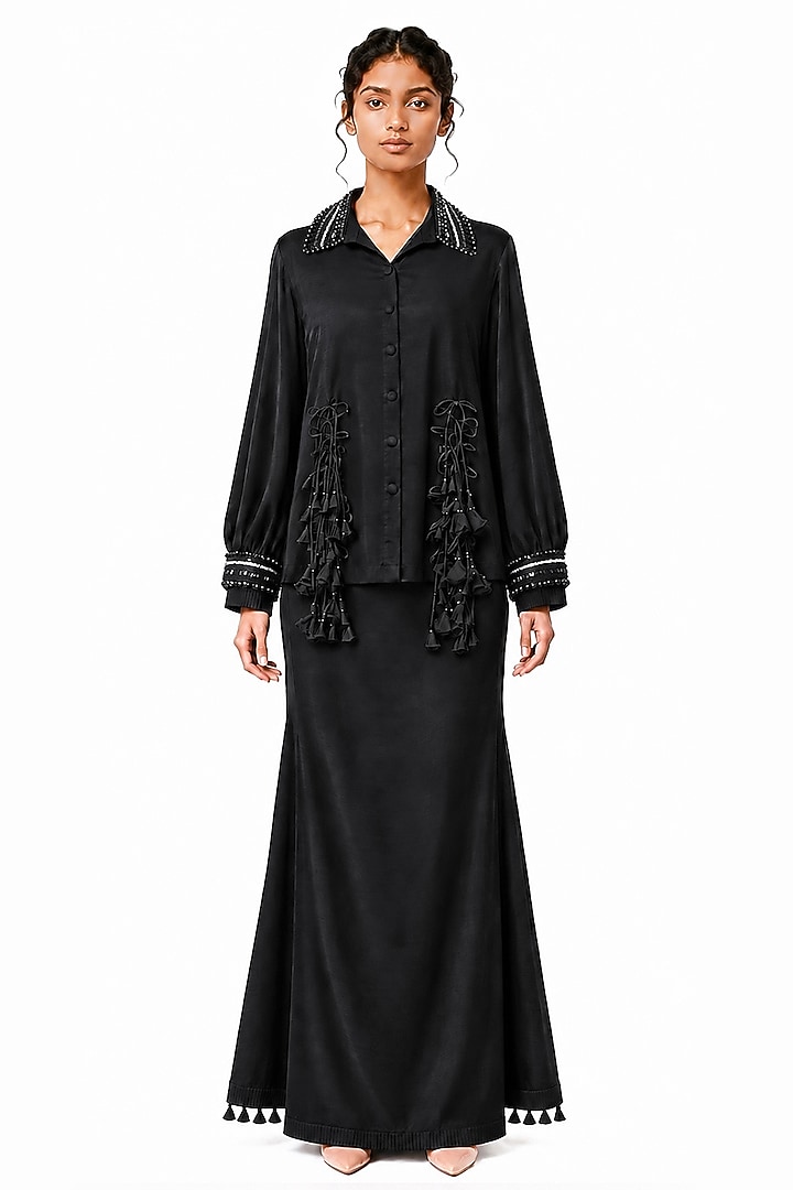 Black Silk Flared Godet Skirt Set by SAIM at Pernia's Pop Up Shop