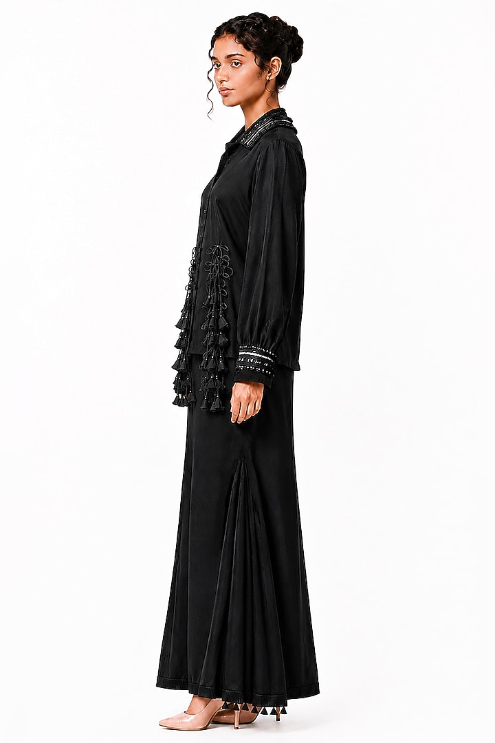 Black Silk Flared Godet Skirt Set by SAIM at Pernia's Pop Up Shop