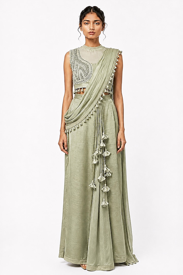 Jade Green Chanderi & Silk Draped Skirt Wedding Saree Set by SAIM at Pernia's Pop Up Shop