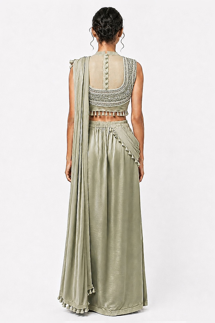Jade Green Chanderi & Silk Draped Skirt Wedding Saree Set by SAIM at Pernia's Pop Up Shop