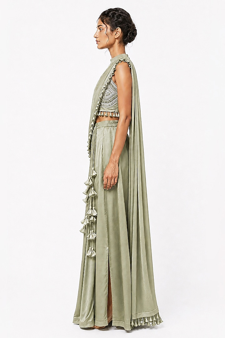 Jade Green Chanderi & Silk Draped Skirt Wedding Saree Set by SAIM at Pernia's Pop Up Shop
