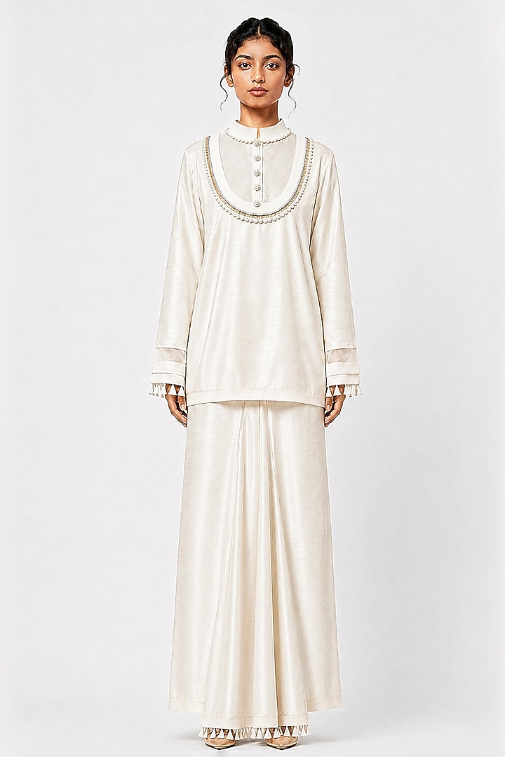 Off-White Silk Draped Skirt Set by SAIM at Pernia's Pop Up Shop