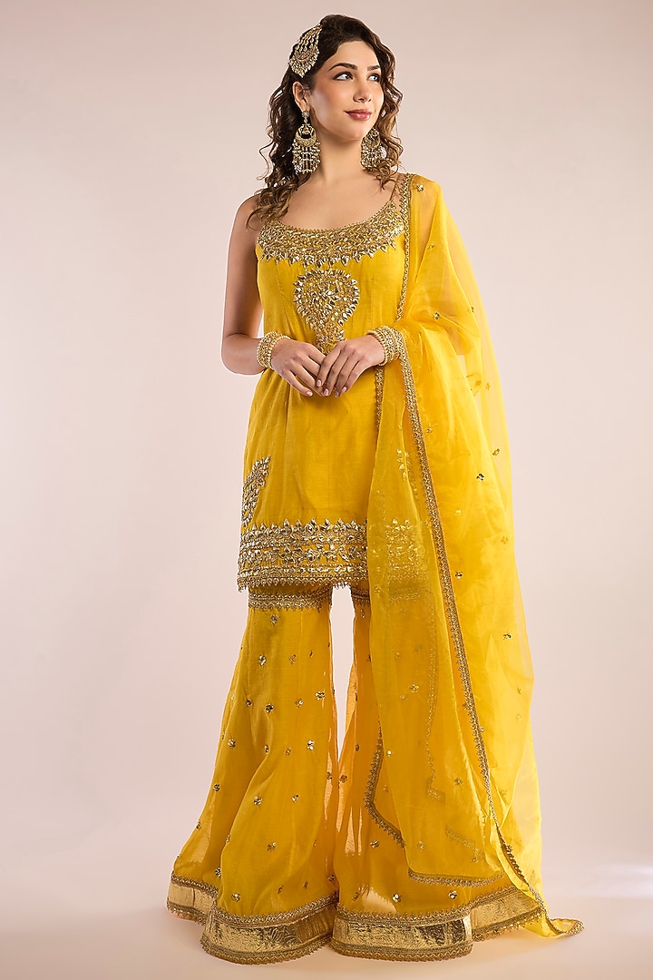 Yellow Chanderi Gota Patti Embroidered Gharara Set by saina kapoor at Pernia's Pop Up Shop