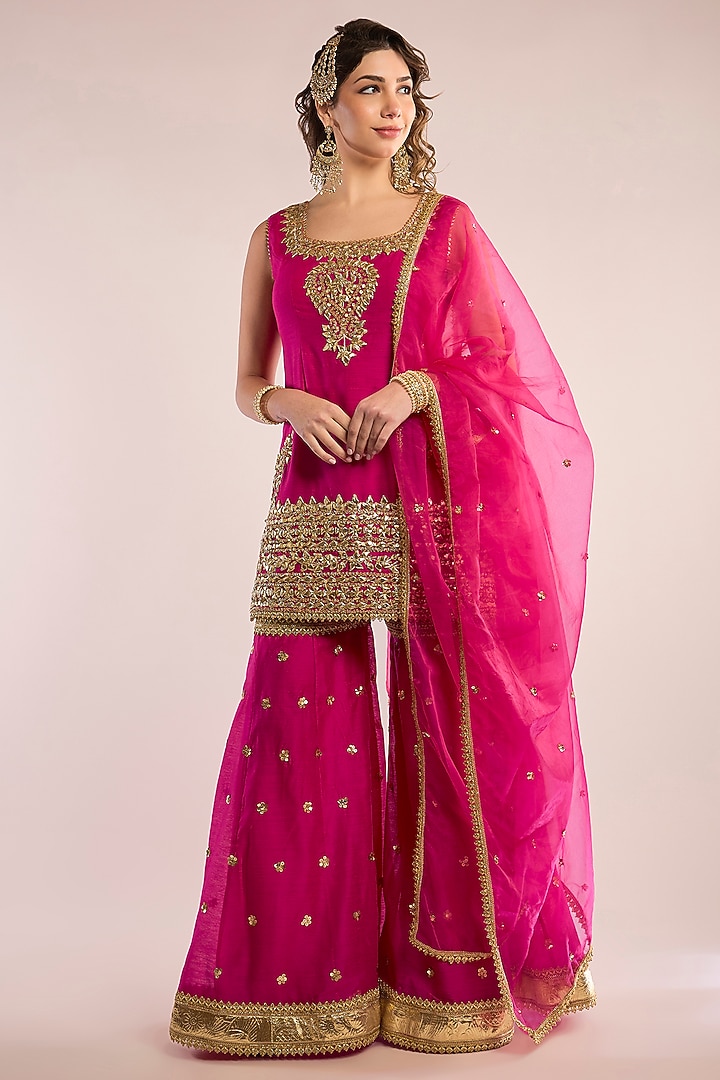 Fuchsia Chanderi Gota Patti Embroidered Gharara Set by saina kapoor at Pernia's Pop Up Shop