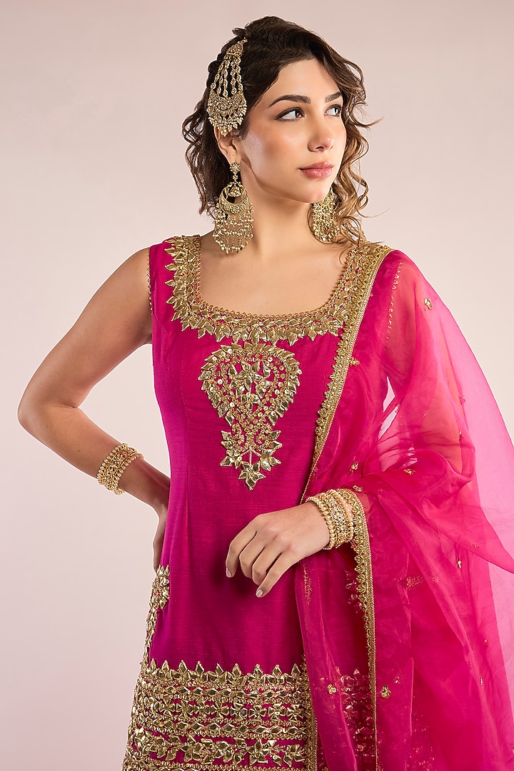 Fuchsia Chanderi Gota Patti Embroidered Gharara Set by saina kapoor at Pernia's Pop Up Shop