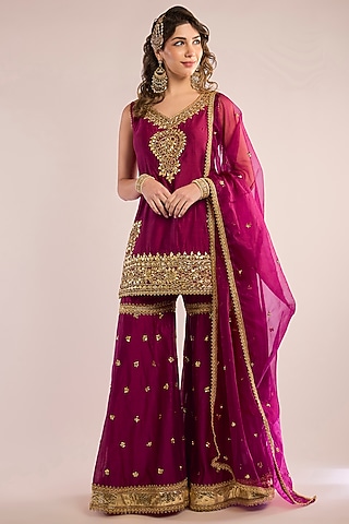 Royal Purple Chanderi Gota Patti Embroidered Gharara Set by saina kapoor